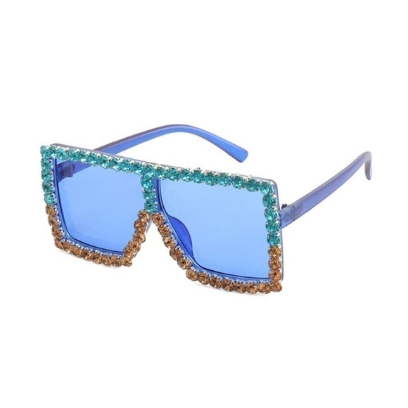 Square Irregular Rhinestone Sunglasses. Blue and gold rhinestones - Picture 1 of 1